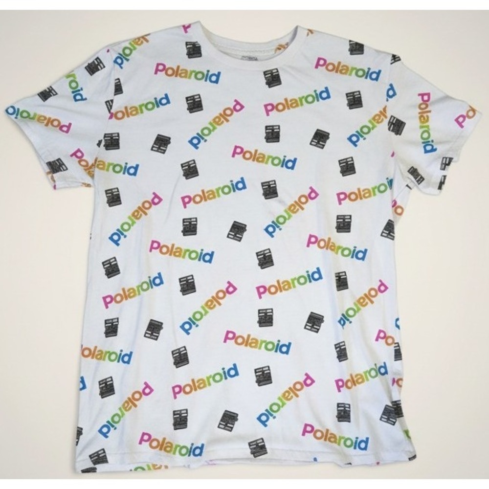 Polaroid Mens Large White All Over‎ Print Logo T-Shirt Short Sleeve Retro Camera